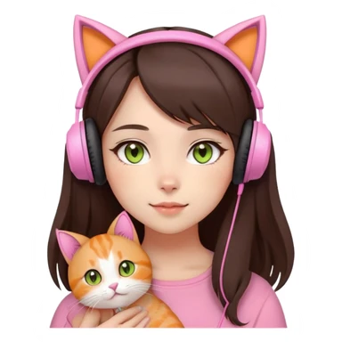 gamer girl with long dark brown hair, light skin, big brown eyes, cute, pink headset with cat ears, blushing softly and naturally, beautiful, holding orange cat with light yellow/green eyes sticker
