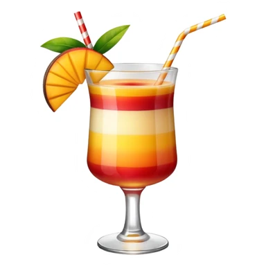A beautiful cocktail with a gradient from red to orange, topped with mango pudding and lined with a striped straw. sticker