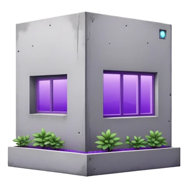 Minimalist gray concrete panel building, slight ghetto vibe, one window with bright purple ultraviolet light for growing plants, simple rectangular shape, stark and bare sticker