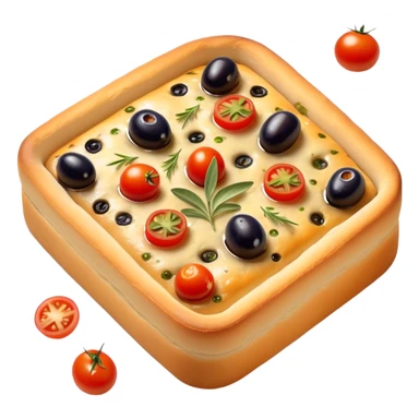 cinematic-realistic-isometric focaccia-bread-dish-emoji,-depicted-as-a-golden,-olive-oil-brushed-flatbread-sprinkled-with-herbs-rendered-with-lifelike-texture-and-soft,-appetizing-lighting showing olives on top and the cherry tomatoes sticker
