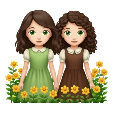 Two moppet girls, 1: long ironed straight darkbrown hair, green eyes, 2: long curly darkbrown hair, brown eyes sticker