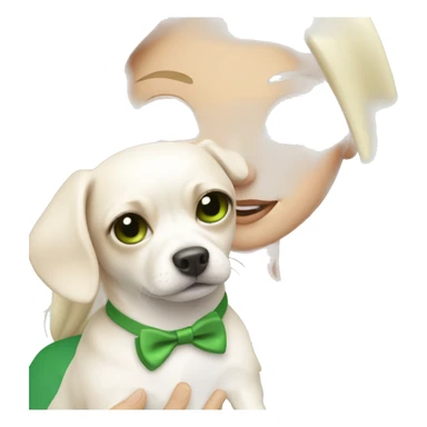 pale blond girl with long platinum hair with green eyes holding a white chihuahua puppy that wearing a pink bow sticker