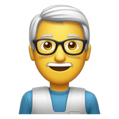 una persona con lentes sentado en una computadora dice con su mano buenos días sticker