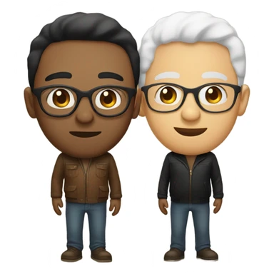 Two men kissing, one white skin with black hair, one brown with glasses sticker