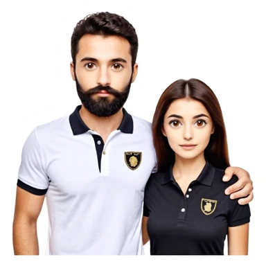 Tente de novo.Crie um casal - Homem branco de cabelo liso e olhos marrom, com barba, expressão séria usando camiseta polo preta e mulher de pele branca cabelo cacheado marrom longo e olhos mel, usando uma regata branca, quero ela sorrindo sticker