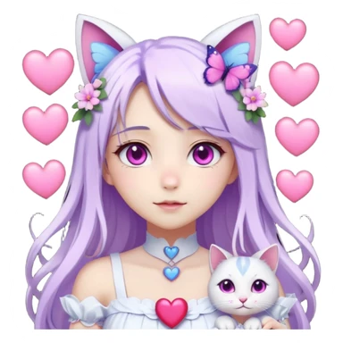 female anime character with pink eyes long white hair periwinkle highlights and cat ears on her head. She is wearing a white dress with purple flowers and butterfly. holding a heart sticker