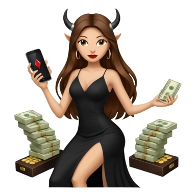 Sensual queen long brown straight haired sexy drug lord woman with black platform high heels with  on her feet,  and devil black horns on her head, holding a stack of cash, has a phone in other hand. Sitting on a large big new model F350 pickup truck  full of drugs, long black dress with sexy slit sticker