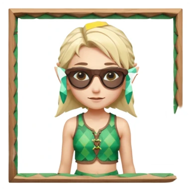 elf female legolas portrait, patterned board shorts (geometric/abstract), unique wooden-framed sunglasses, undercut hairstyle, slight smirk, visible pointy ears, no background, centered emoji, hipster summer vibe coctails sticker