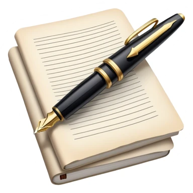 Create an emoji representing journalism and publicistic writing. The design should feature an open newspaper or a stack of articles with visible text columns, symbolizing opinion pieces and analysis. A classic fountain pen or ballpoint pen should be placed near the papers, indicating the act of writing. Optionally, include a small microphone or a press badge to emphasize investigative and journalistic aspects. Use neutral and professional colors like black, white, and muted blue or red. Do not include any emojis or smiley faces. Make the background transparent. sticker