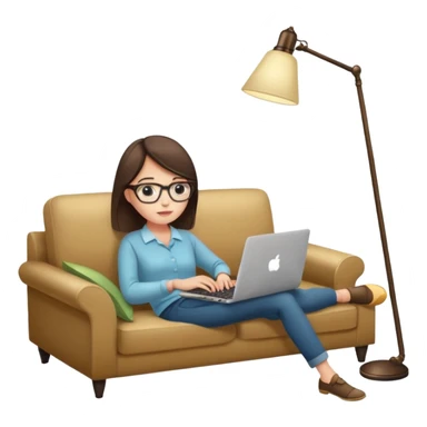A girl is working with a laptop while lying on a sofa, with a floor lamp to the right. sticker