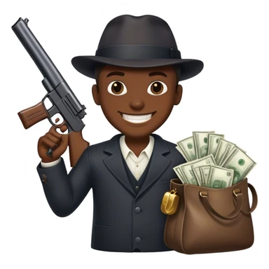 Gangster guy with a big gun with a wide grin on his face and money bags sticker