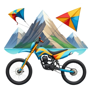 An emblem-style design representing extreme sports and lifestyle, featuring symbols of adventure such as a mountain, a sea, a kite, and a bike. The design is bold and dynamic, with sharp lines and energetic colors, capturing the essence of thrill, freedom, and adrenaline. sticker