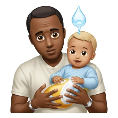 Sean “Diddy” Combs with baby oil and a very small infant and he’s pouring the baby oil on the baby and they have a scared face they’re really scared while diddy is happy sticker