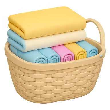 Make the wicker basket a little lighter in color, keep pastel socks and towels with folded towels on top, in the style of emoji. Remove the background. sticker