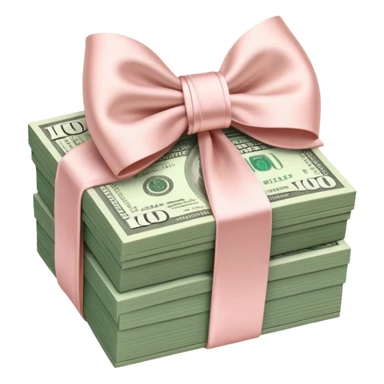 Neat money stack tied with a blush satin bow, muted green $100 bills, soft luxury rich  sticker