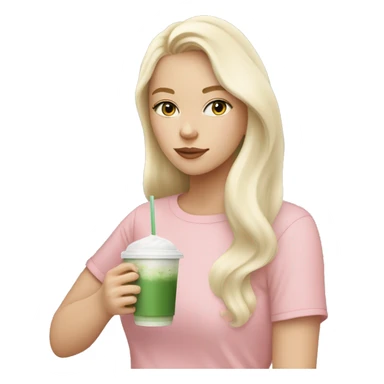 White Blonde girl with a pastel pink top drinking iced matcha latte ( not from Starbucks) sticker