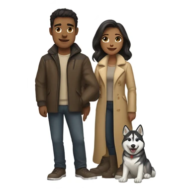 A couple man and woman Both have dark hair, with in the middle of them. A Husky. Golden beige sticker