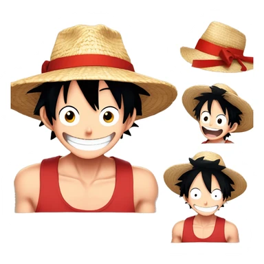 Monkey D LUFFY, Young guy with black hair in a red tank top, wearing a straw hat with a  red ribbon is making an extremely goofy silly face with a huge smile sticker
