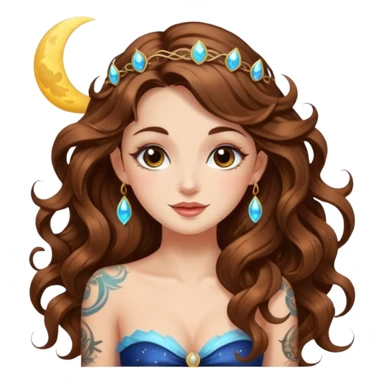 flirty moon fairy woman long wavy brown hair tattoos wink sparkle sticker
