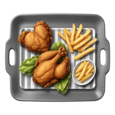Fried chicken with fries in a grey rectangle plate with paper black and white  sticker