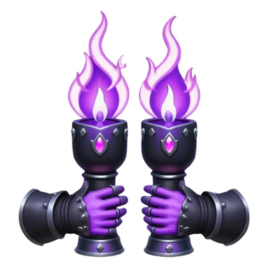 A Discord emoji of a pair of black armored gauntlets holding a flickering violet flame. The hands are positioned as if offering a gift. Dark gothic fantasy, glowing magical effects, high contrast, 2D vector style, white background. sticker