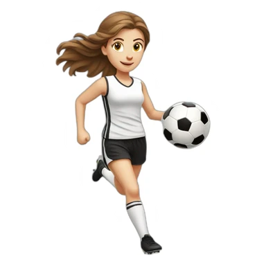 Caucasian girl with brown long hair running with a soccer ball wearing White short and black shorts sticker