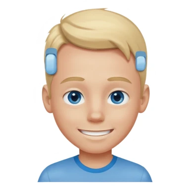 blonde-haired, blue-eyed young boy, big forehead, smiling, pale skin with subtle red flush from tanning bed, wearing a grey button shirt sticker