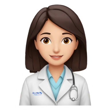 Emoji of a pharmacist girl named Hiba. She is standing in a pharmacy, wearing a white coat, with long straight dark brown hair, brown eyes, and a friendly smile. Please write her name ‘Hiba’ on it sticker