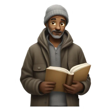 Homeless man with a book sticker