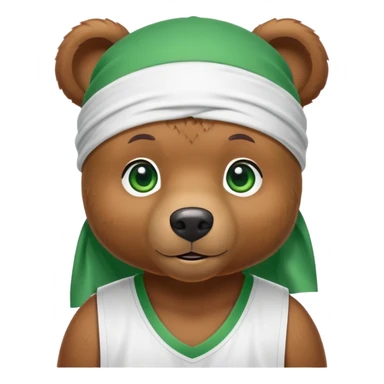 Cute brown bear with green eyes wearing a white durag and a basketball jersey visible only up to the shoulders, iOS emoji style sticker