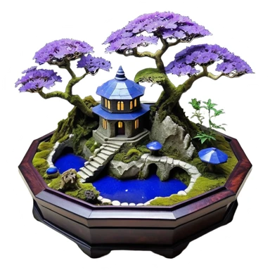  Ancient saucer-castle-house jungle winding trail mountainside getaway haunted nighttime landscape antique mudman very old broken cracked intricately detailed Stone Age lapis-crusted irregular dodecagon-shaped shallow dark moss rough bark violet flowered maple bonsai Saikei coffee table-sized pot  sticker
