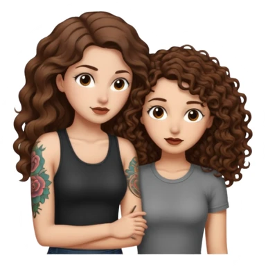 whisper plan — long wavy brown hair tattooed woman and short tight curly brown hair woman — leaning close plotting sticker