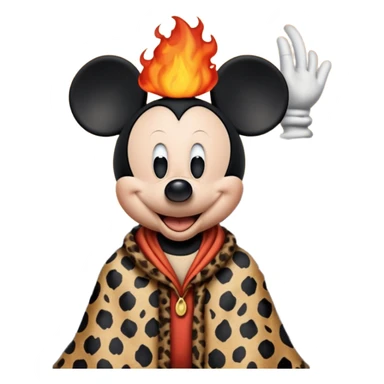 a mickey mouse wearing ancient animal skin cloth with volcano behind, half body, icon sticker