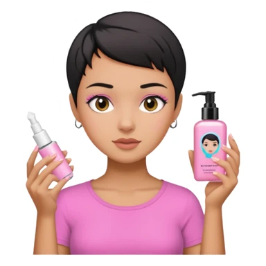 tan girl pink shirt with black hair & a pixie, doing her skin care sticker