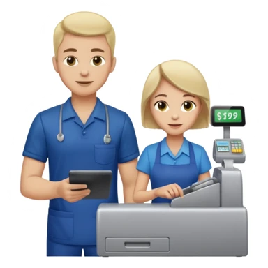 Supermarket employee at a cash register, full body, serving a man sticker