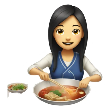 Asian girl eating hotpot and smiling sticker