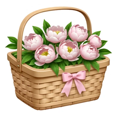 White Picnic basket with light pink bow and white peonies inside sticker
