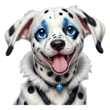 Cinematic Cute Yawning Harlequin Dalmatian Portrait Emoji, Head tilted slightly with a dramatic, wide-open yawn, showcasing a smooth Fur of predominantly white with bold black patches, floppy ears slightly drooping, round blue eyes barely open in drowsy contentment, Simplified yet irresistibly adorable features, highly detailed, glowing with a soft, cozy glow, high shine, relaxed yet expressive, stylized with a touch of whimsy, bright and endearing, soft glowing outline, capturing the essence of a sleepy yet affectionate guardian, so drowsy it feels like it could stretch out of the screen and curl up for a nap! sticker