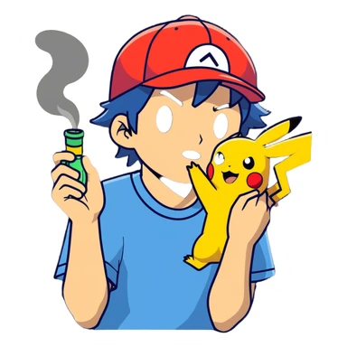 21 yo Handsome Ash Ketchum using a bong with picachu breathing out smoke sticker