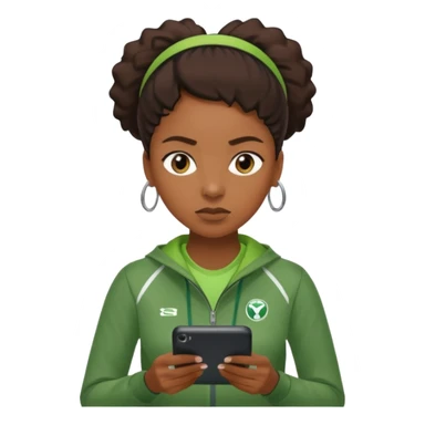 A calm black female coach with folded arms, analyzing the game with sharp focus, green clothes sticker
