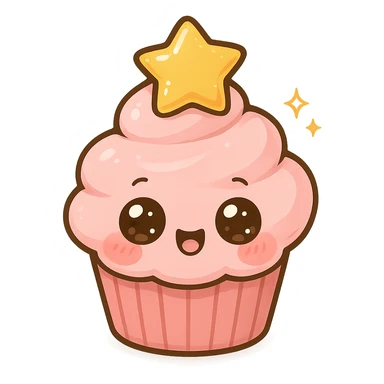 a cute pink cupcake with a star, original design, big eyes, blushing cheeks, joyful sticker