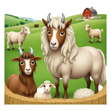 Icon for Domestic Hooved Animals: A gentle collage featuring a horse with a flowing mane, a brown goat with large, curious eyes, a calm sheep with soft wool. Background with a green pasture and a few hay bales. Transparent background. sticker