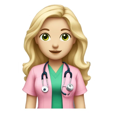 pale blonde girl with long wavy hair and green eyes wearing pink scrubs and stethoscope  sticker