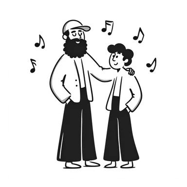 A taller 35-year-old musician with beard and backwards cap with his arm around the shoulder of his shorter, younger 25-year-old musician brother. Both facing forward, smiling. Obvious height difference between them. Music notes floating around and band members celebrating in background. sticker