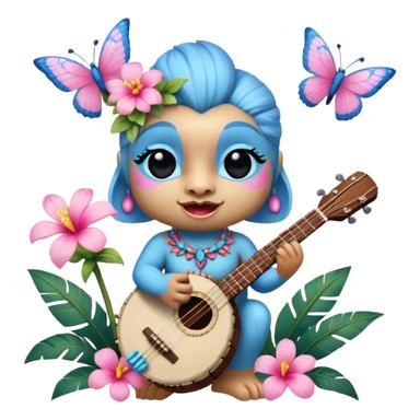 Pixar style little Blue and pink tiki singing with a butterfly, banjo, and tropical flowers, ultra detailed and lifelike imagery, realistic sticker