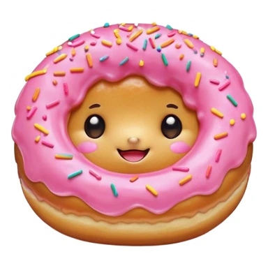 Cinematic tiny happy donut, round and fluffy, golden brown with pink icing and sprinkles, tiny adorable face with blushing cheeks, warm glowing background. sticker
