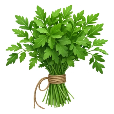 bundle of fresh herbs (thyme, bay, parsley), tied with string, green leaves with texture and color variation, neat bundle, clean 3D rendering, soft light, subtle shadow, no background elements, no anthropomorphic features, emoji scale sticker