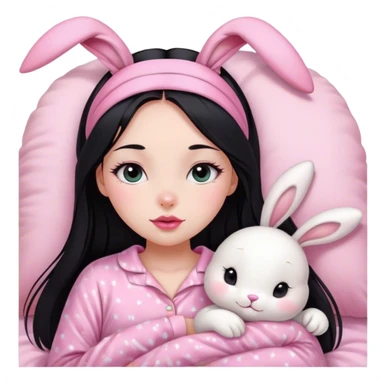 pretty girl, with straight long black hair, black eyes, long lashes, pink lips, wearing pink pajamas, and  cute white bunny ears headband on her head for sleep sticker