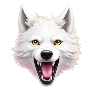 Sparkling crazy white aggressive wolf dancing snow mad big eyes illustration doodle high contrast lightning bolt halo sun beams white pink yellow red party sparkle glitter sticker