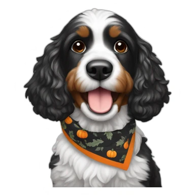 happy black and white cockapoo with a pumpkin and fall bandana sticker